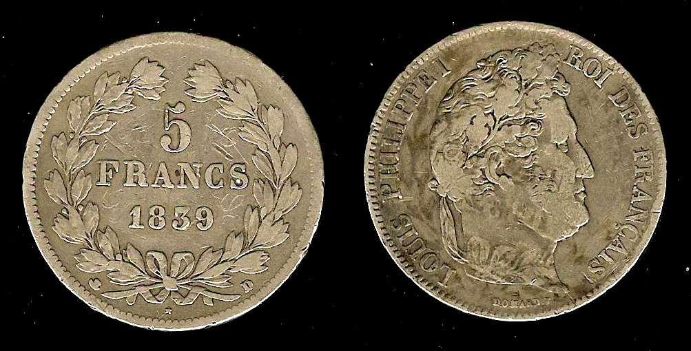 5 francs Louis Philippe 1839D VF